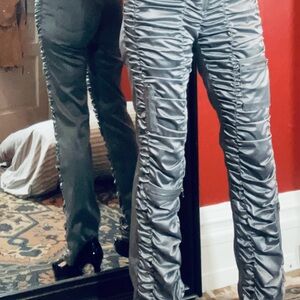 Express Metallic Silver Skinny Cargo Pants. Low Rise. Flare legs.